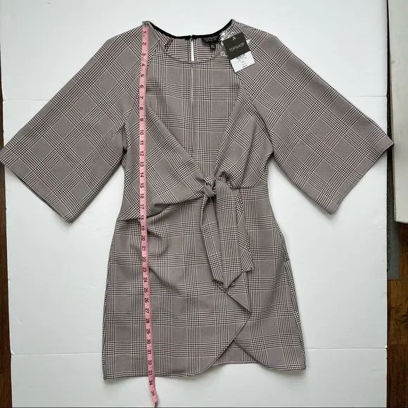 Topshop NEW Houndstooth Front Tie Plaid White Red Mini DresS Size 4 - Picture 10 of 16